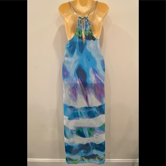 AQUA Halter Blue Watercolor Flowy Maxi Dress size XS - Picture 2 of 12